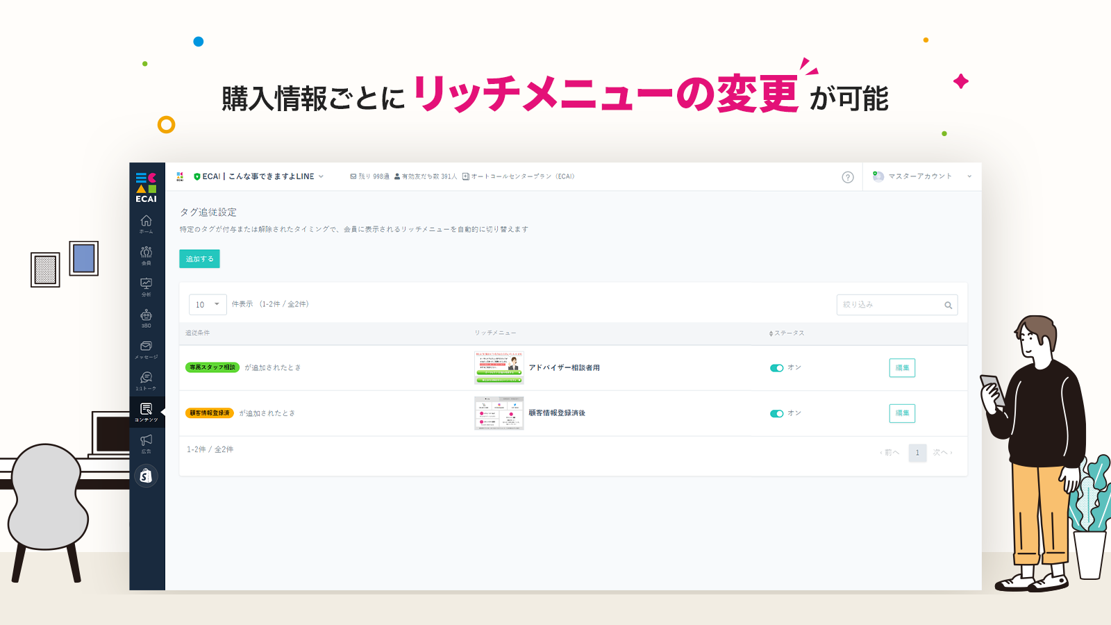 お客様の購入情報毎にリッチメニューの変更が可能