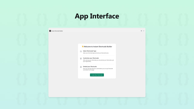 Interface do Instant Shortcode Builder - Página de boas-vindas