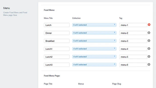 Configuraciones de menú de Foodlify en el backend de la aplicación