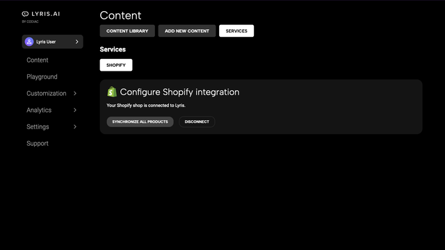 Shopify store connected to Lyris