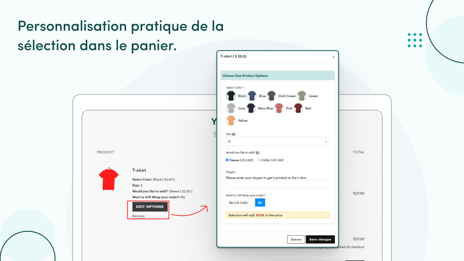 Modification pratique des sélections dans le panier.