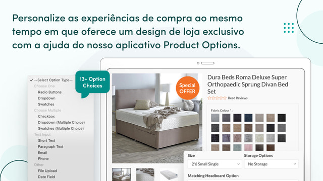 Experiência de compra personalizadas com opções de produtos.