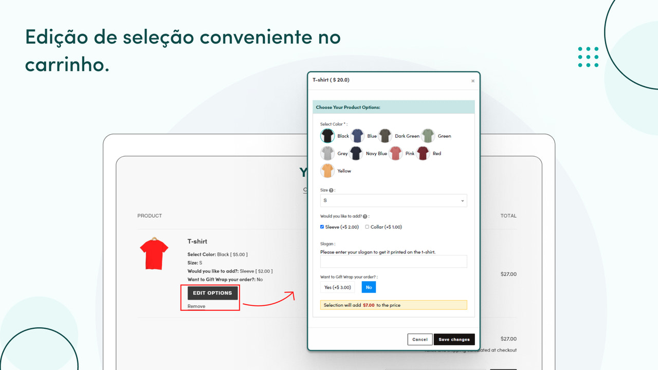 Edição conveniente de seleção no carrinho de compras.