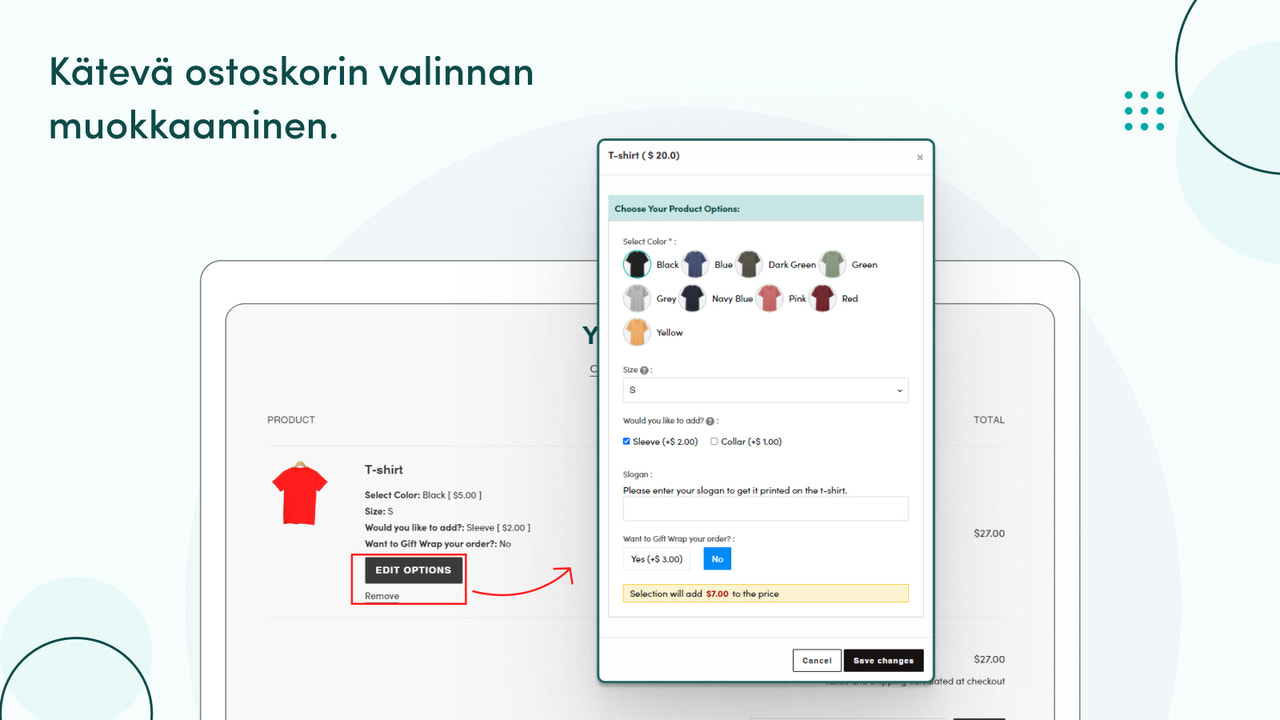 Kätevä valintojen muokkaus ostoskorissa.