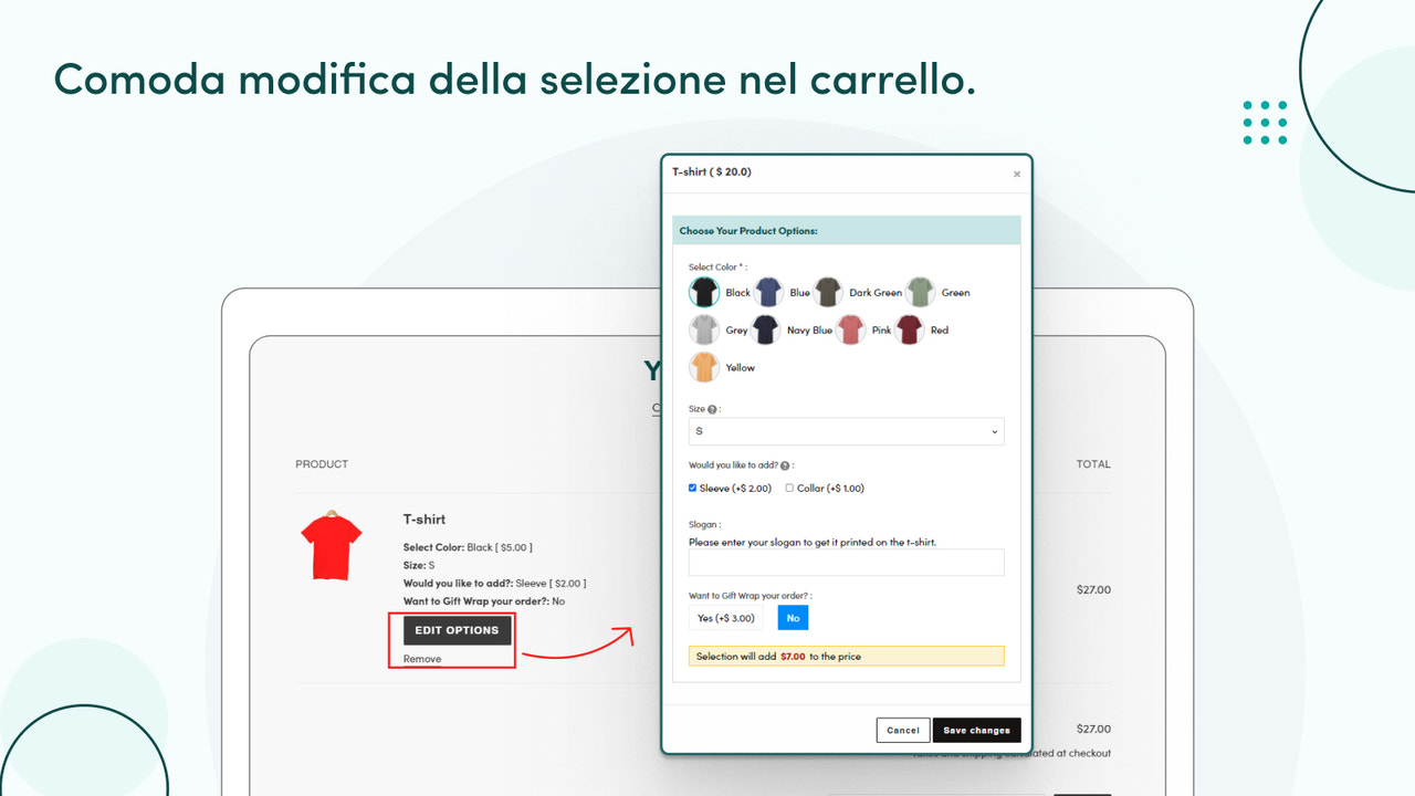 Comoda modifica della selezione all'interno del carrello.