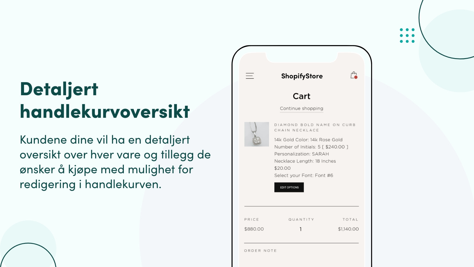 Detaljert handlekurvoversikt