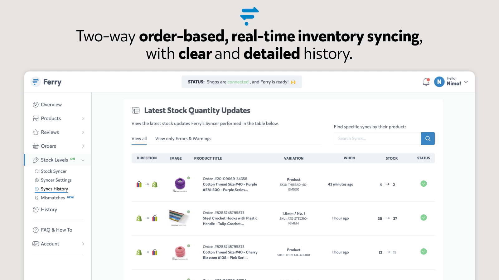 Two-way order-based real-time inventory syncing