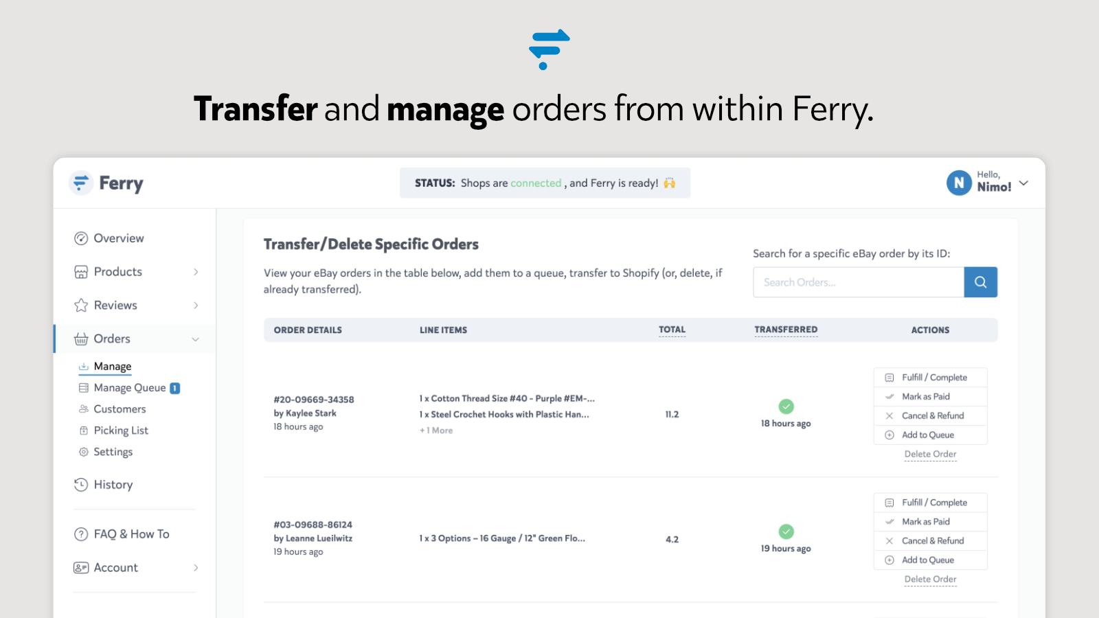 Transfiere y gestiona pedidos desde dentro de Ferry