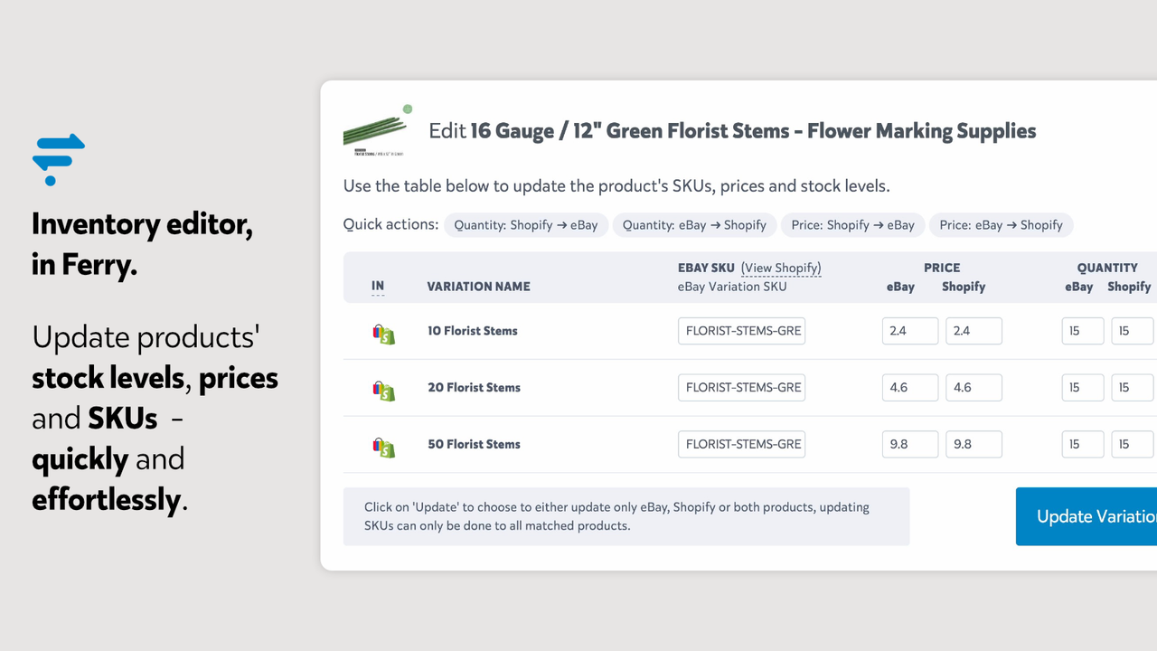 Easily update products' stock levels, prices  and SKUs