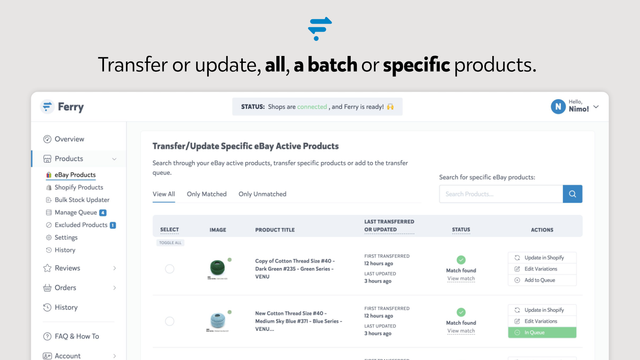 Transfer of update, alle, een batch of specifieke eBay-producten