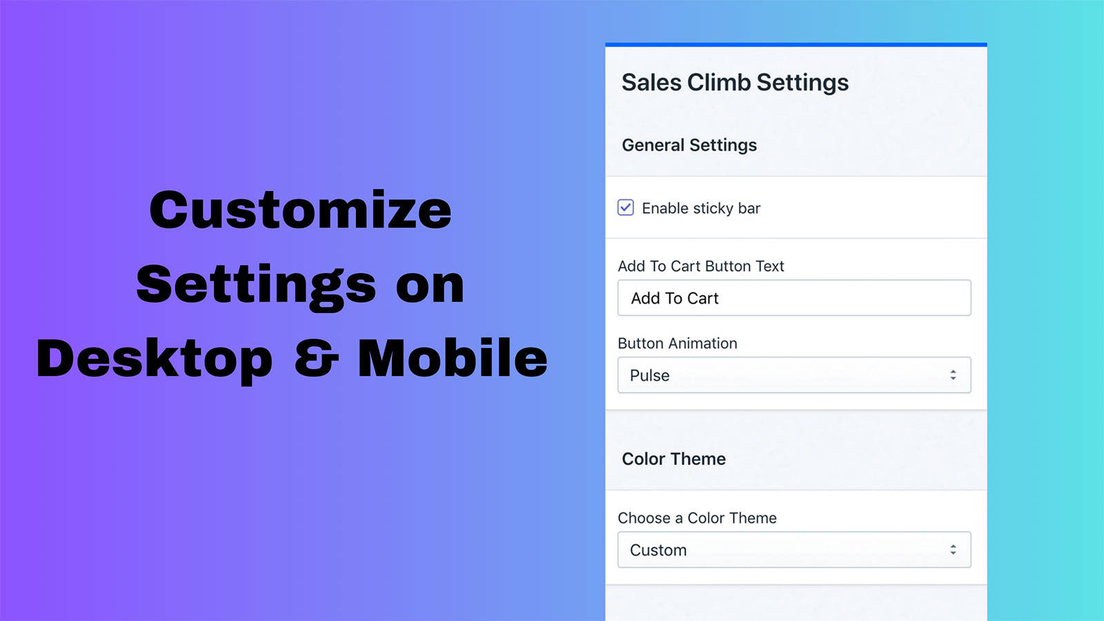 customize settings sales climb sticky add to cart bar app