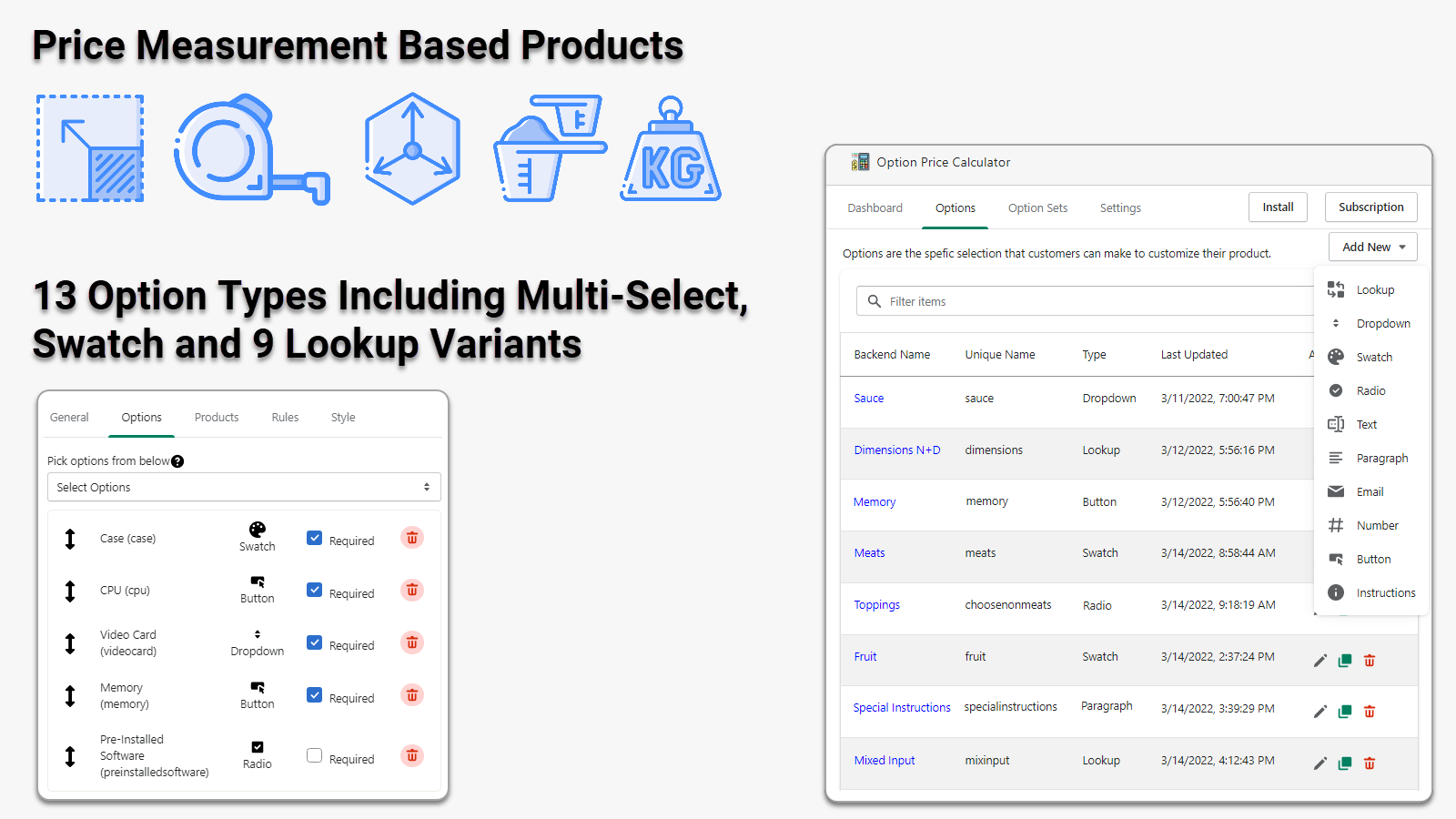 Price measurement based products with 13+ custom options