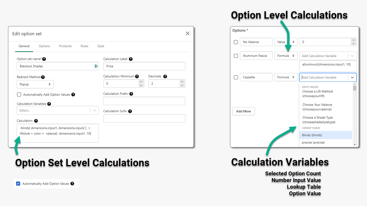 Option Formulas, calculation variables, Calculate product price.