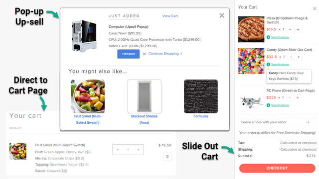 Pop-up Upsell, Slide out Cart Drawer, ou suporte Direct to Cart