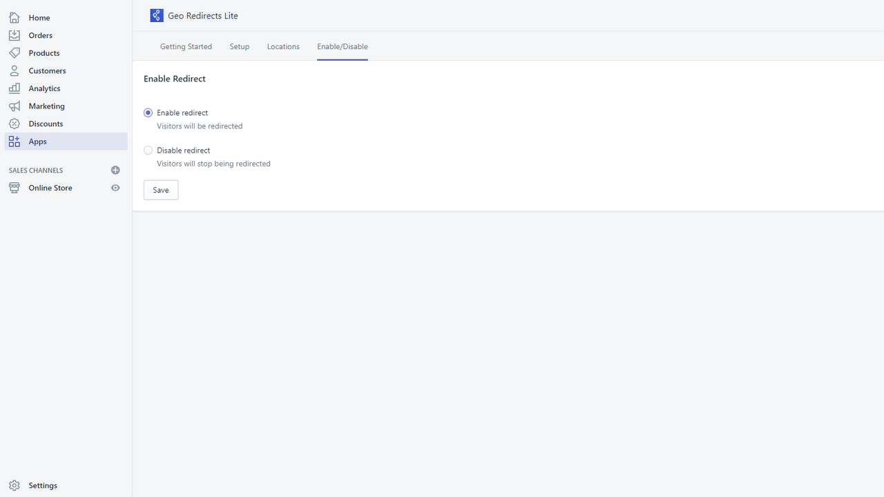 Easily enable or disable redirection in your store