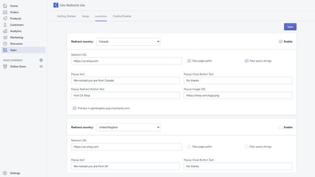 Select countries to redirect and specify redirect URL