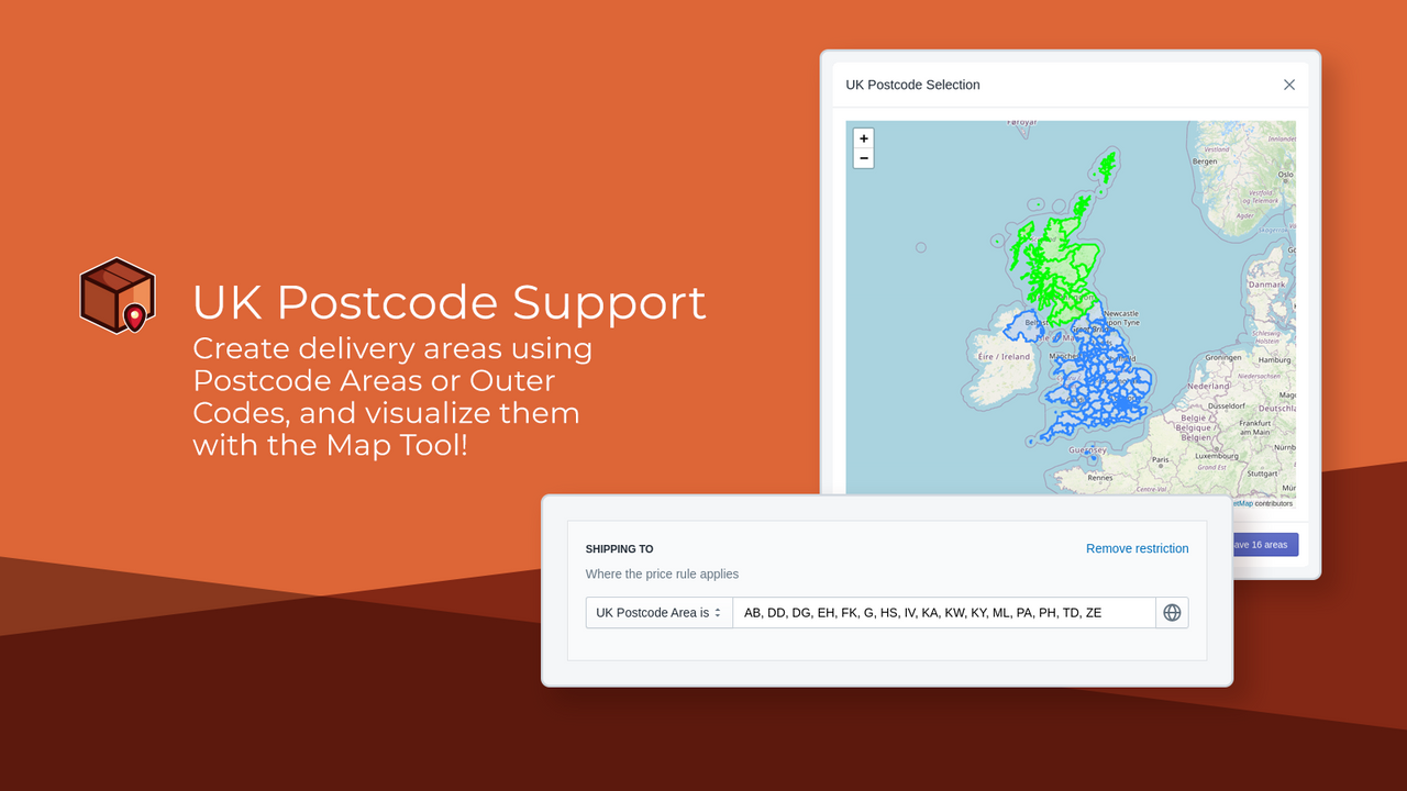 Notre carte de codes postaux du Royaume-Uni sélectionnable avec des restrictions de code sortant