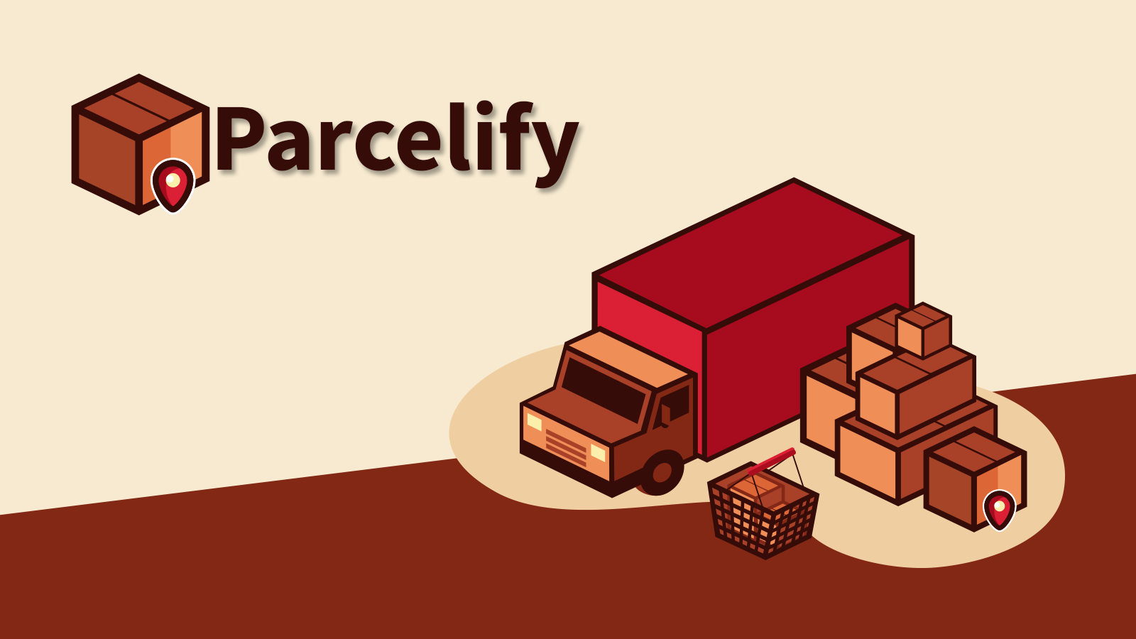 Parcelify-banner bredvid en plattbädd med lådor staplade framför