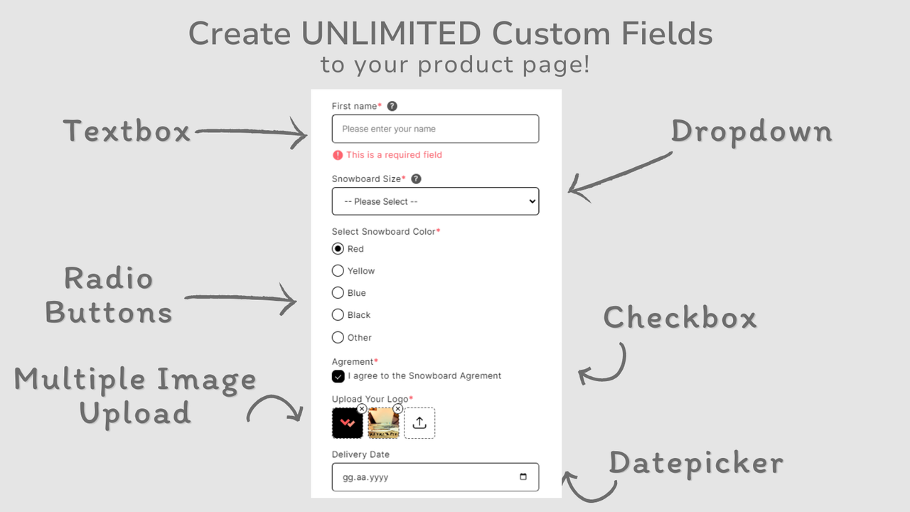 collect data from customers, create product options, textbox
