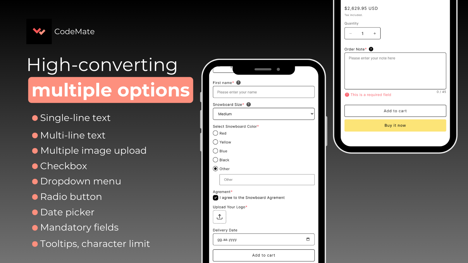 product customization, personalisation, date picker, text fields