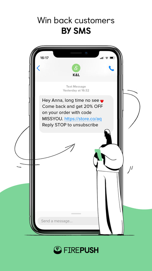 Vinn tillbaka kund SMS-meddelande för Shopify-butiker av Firepush