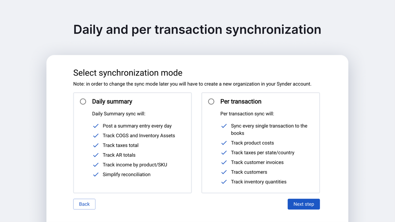 Vælg Daglig Oversigt eller Detaljeret Shopify synkronisering pr. transaktion