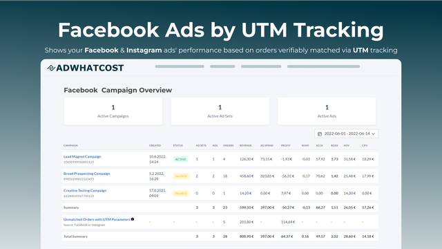 AdWhatCost - Capture d'écran de la page de vue d'ensemble de la campagne publicitaire Facebook