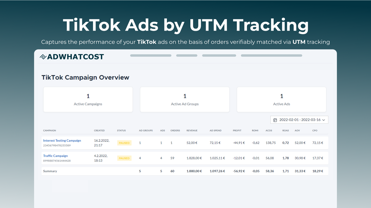 AdWhatCost - Captura de tela da página de visão geral da campanha do TikTok Ads