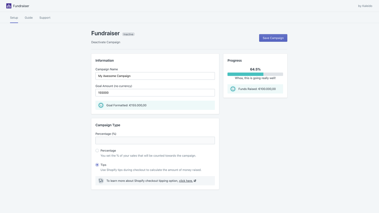 Kaleido Fundraiser Shopify Partners Experts Indstillinger 1