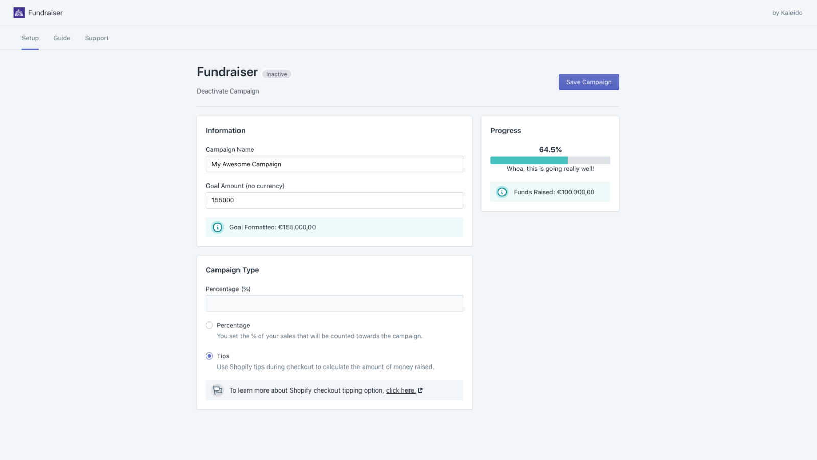 Kaleido Fundraiser Shopify Partners Experts Settings 1