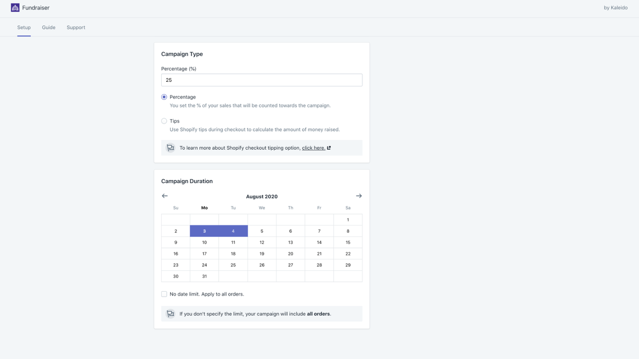 Kaleido Fundraiser Shopify Partners Experten Einstellungen 2