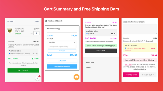 Calculadora de Tarifas de Envío en el Carrito + Barra de Envío Gratuito