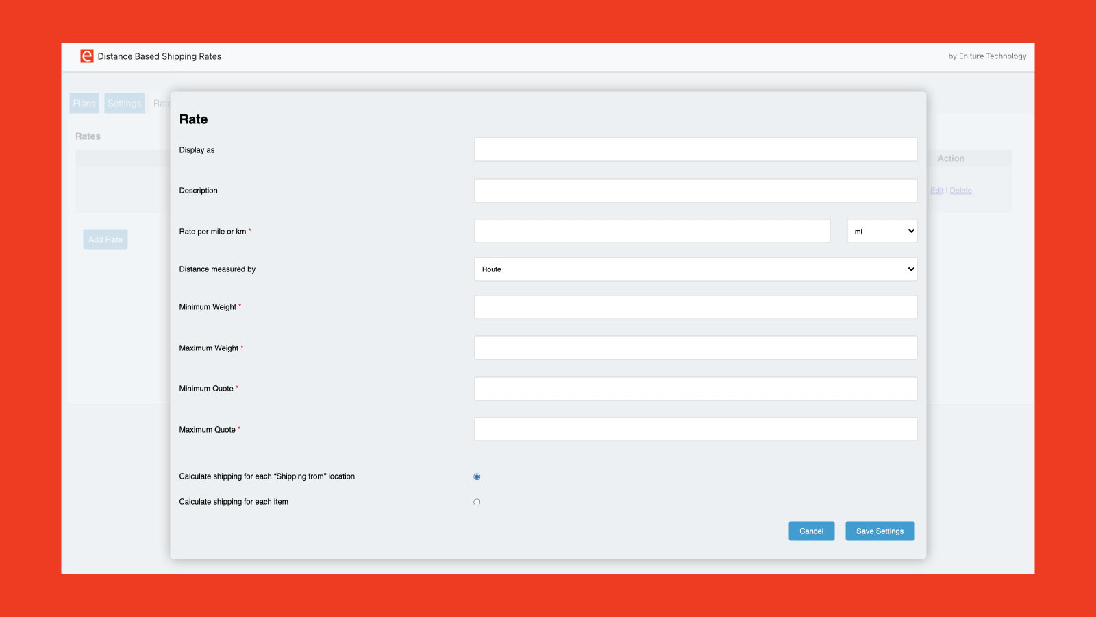 Shopify Distance Based Shipping Rates - Rate Settings