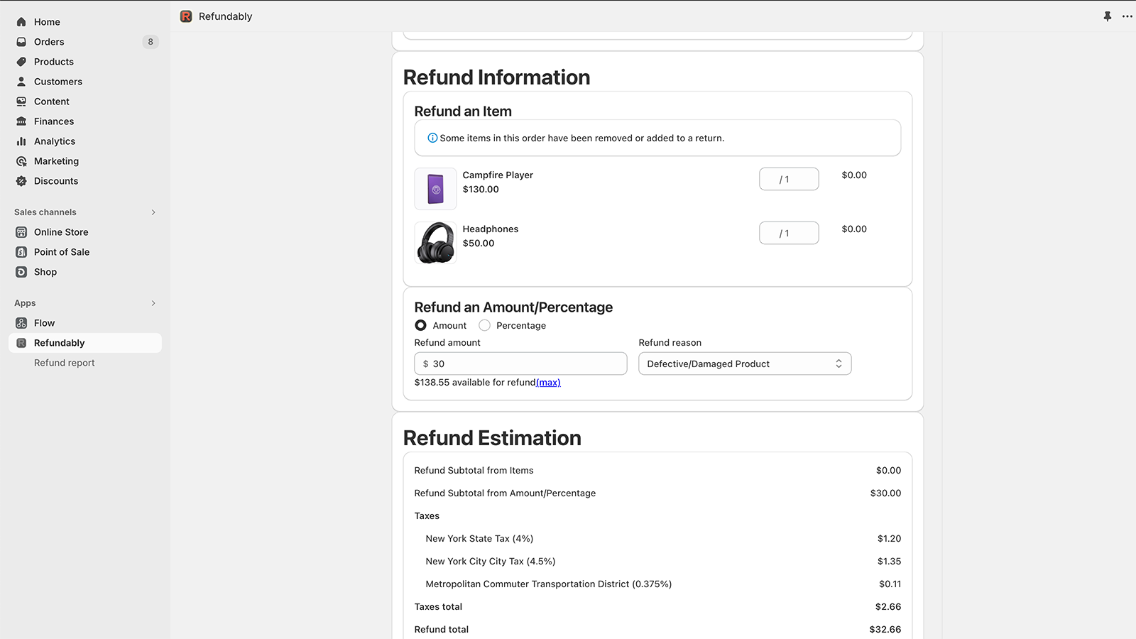 Zone pour configurer le remboursement partiel et calculer les taxes