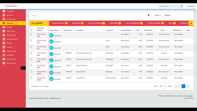 Tableau de bord des expéditions DispatchEx Pro