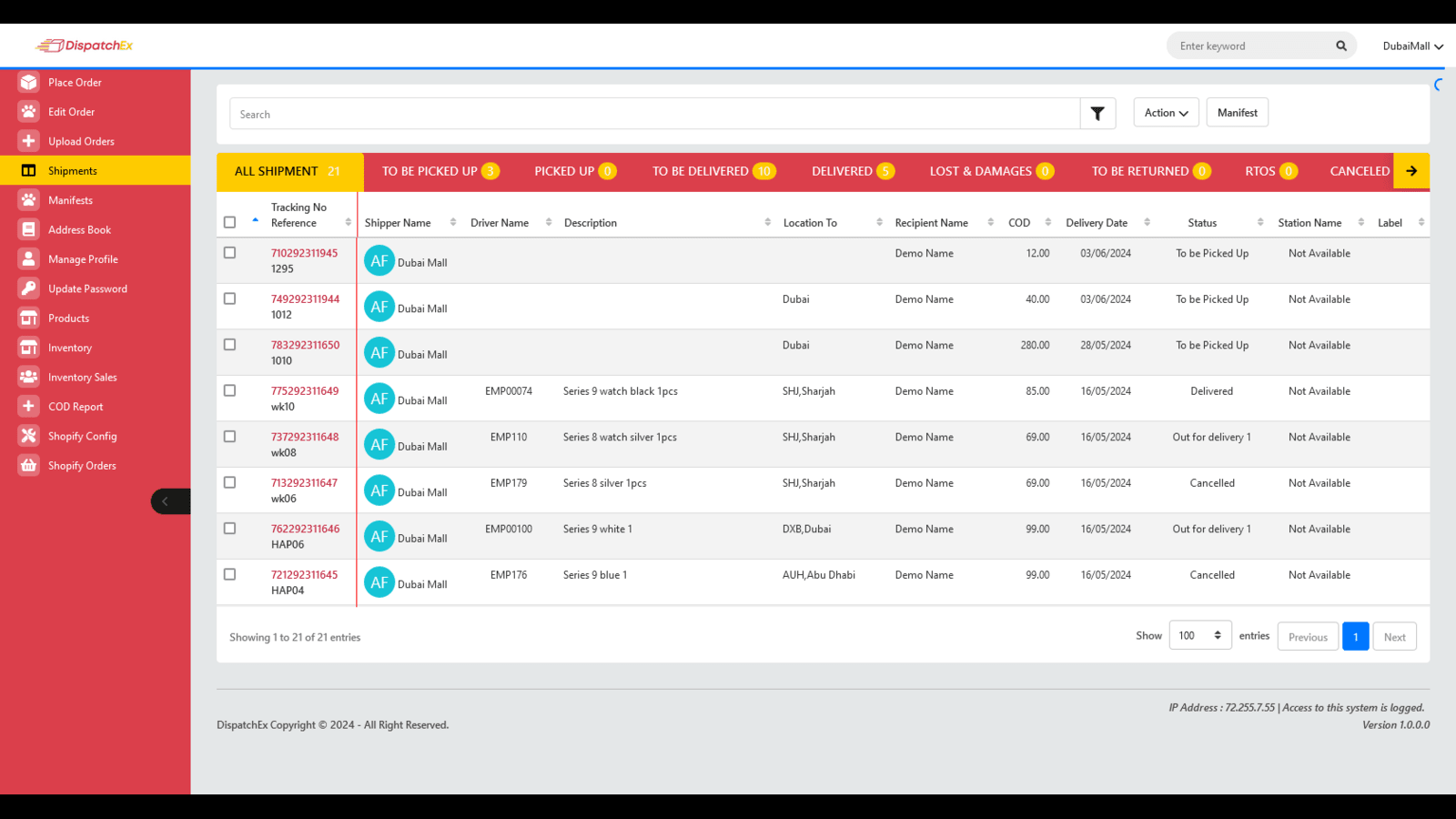 Dashboard de Envio(s) do DispatchEx Pro