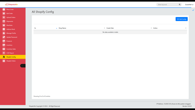 DispatchEx Pro Merchant Shopify Configuration Page