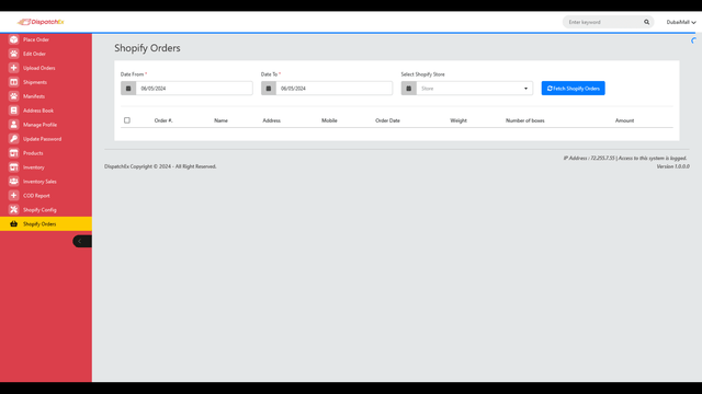 Tableau de bord de synchronisation des commandes du marchand DispatchEx Pro depuis Shopify