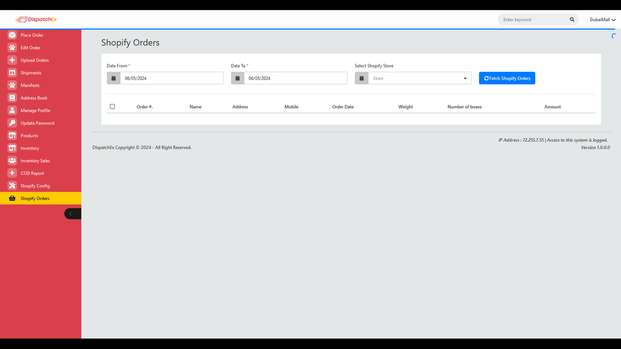 DispatchEx Pro Merchant Order Sync Dashboard vanuit Shopify