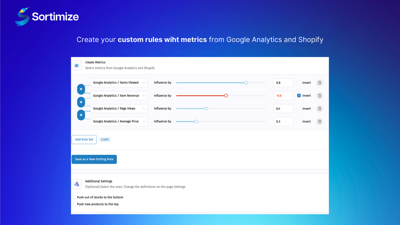 Crie suas próprias regras de ordenação com métricas do GA e Shopify