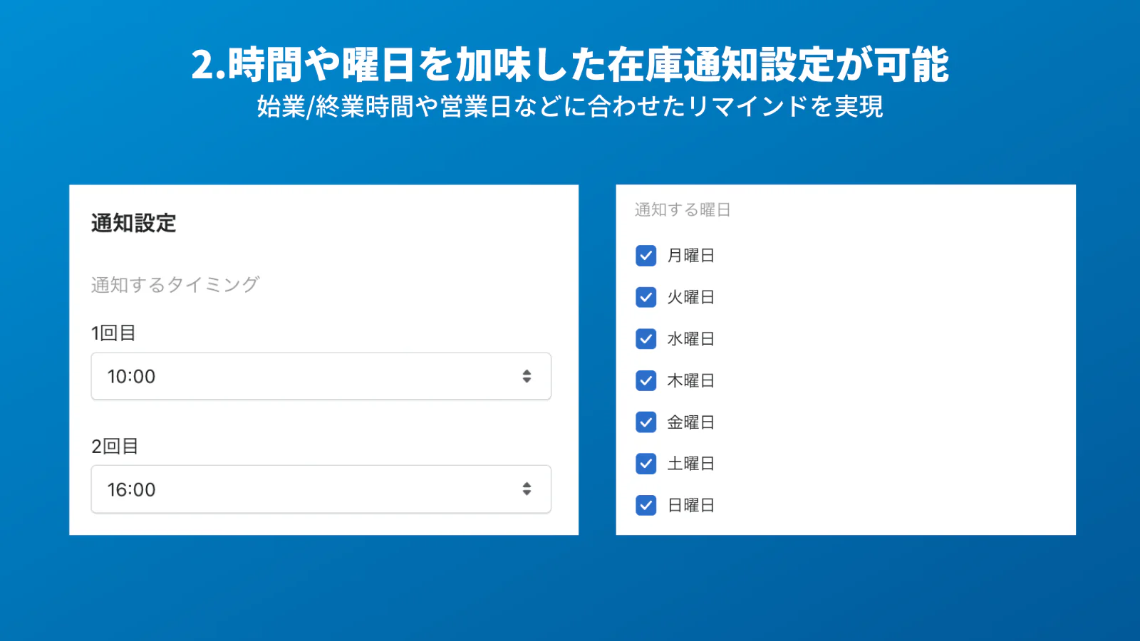 時間や曜日を加味した在庫通知設定が可能