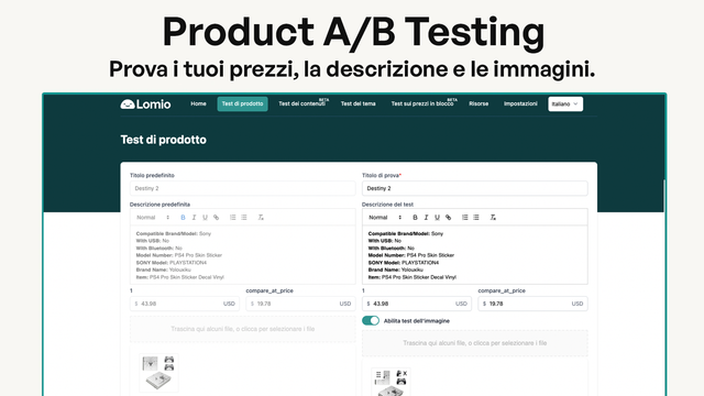 Prova i tuoi prezzi, la descrizione e le immagini.