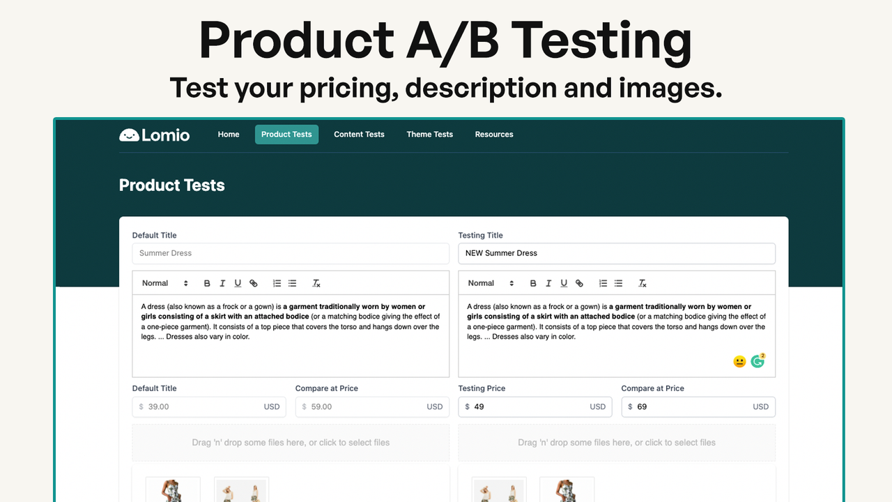 Produkt A/B-testning, test prisfastsættelse, beskrivelse og billeder