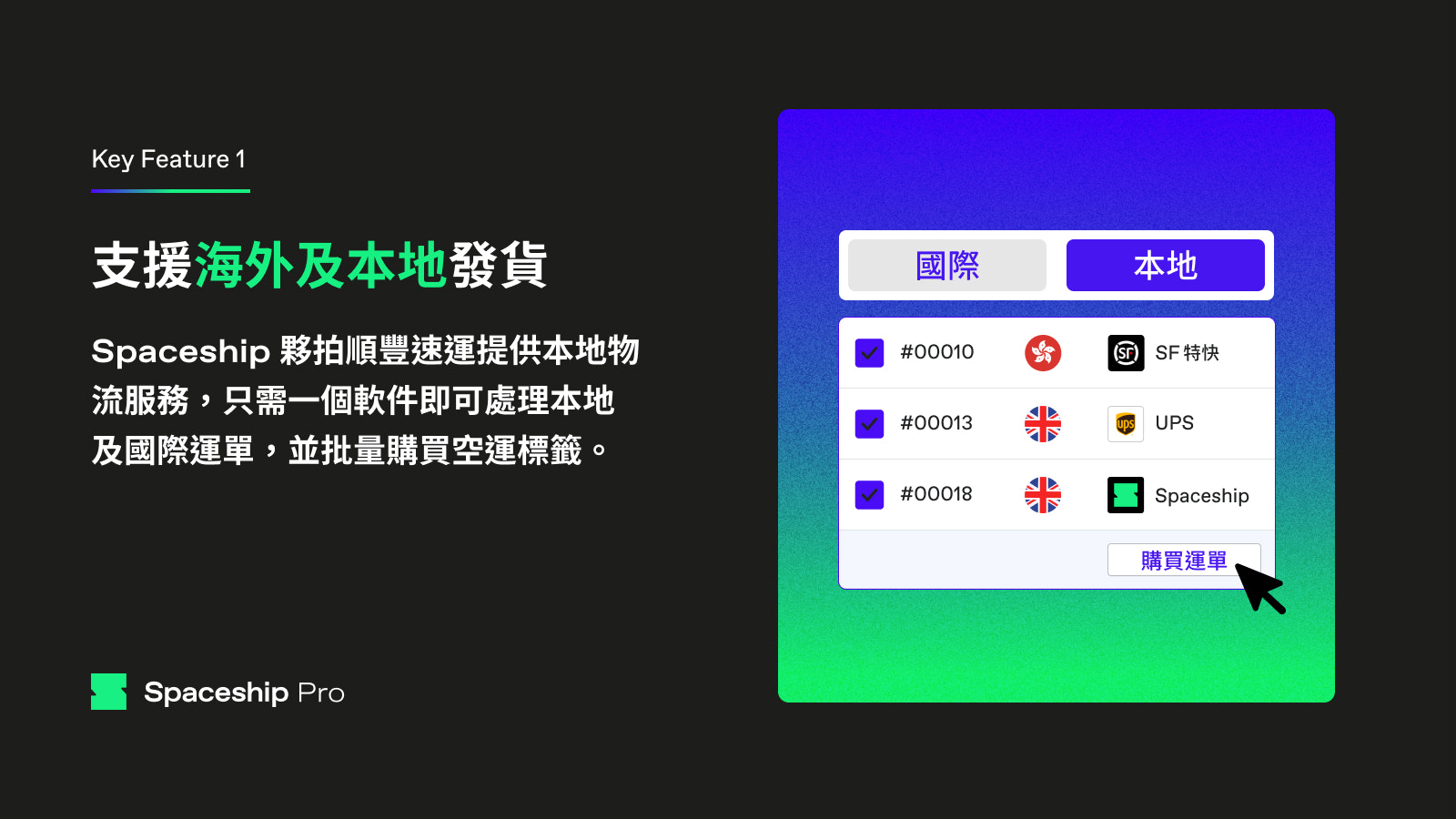 Spaceship 夥拍順豐速運提供本地物流服務，只需一個 Spaceship Pro 軟件即可處理本地及國際運單