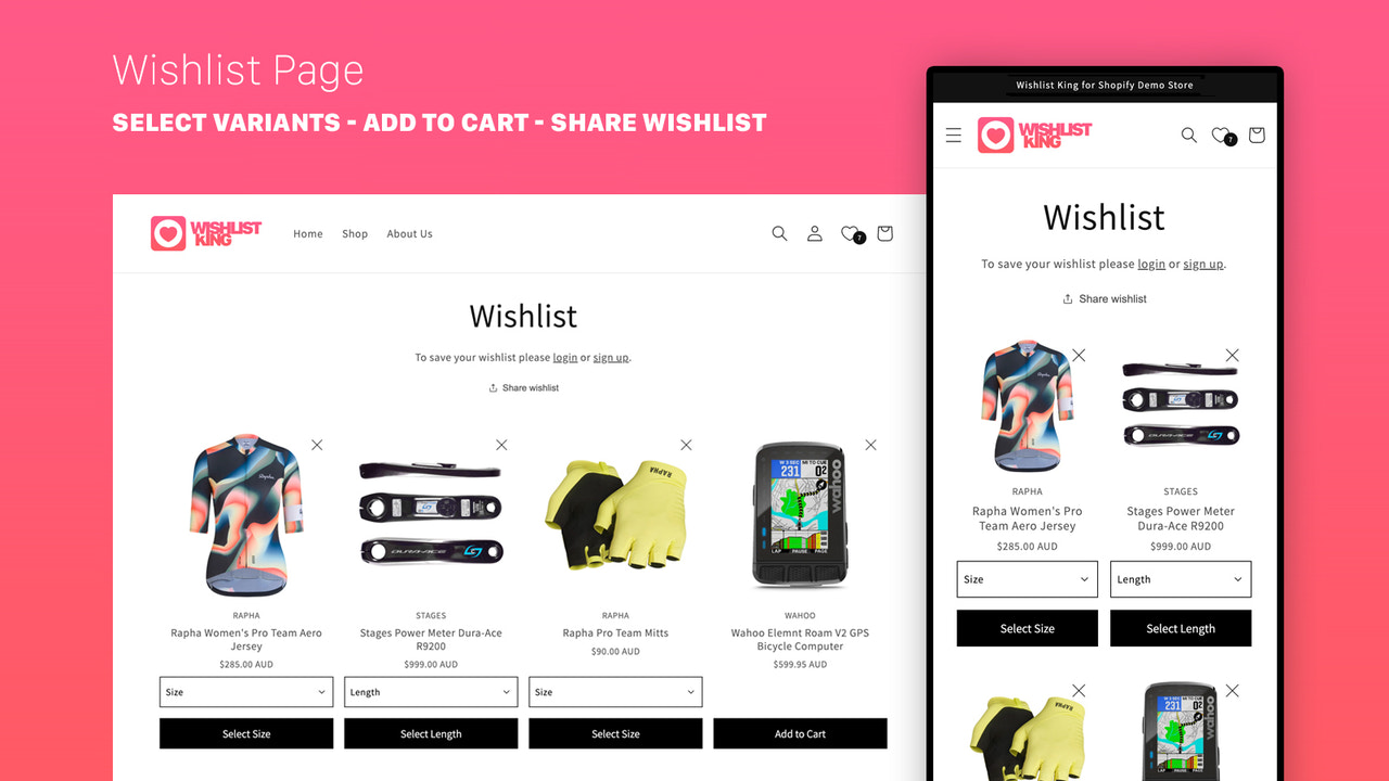 The Wishlist Page. Add to Cart, remove & share via social media.