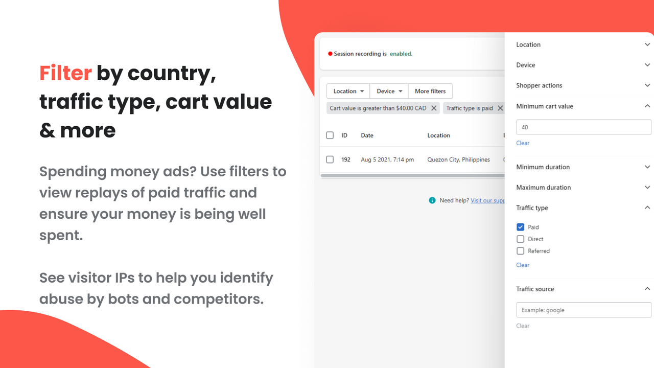 Filter replays by country, traffic type, cart value & more.