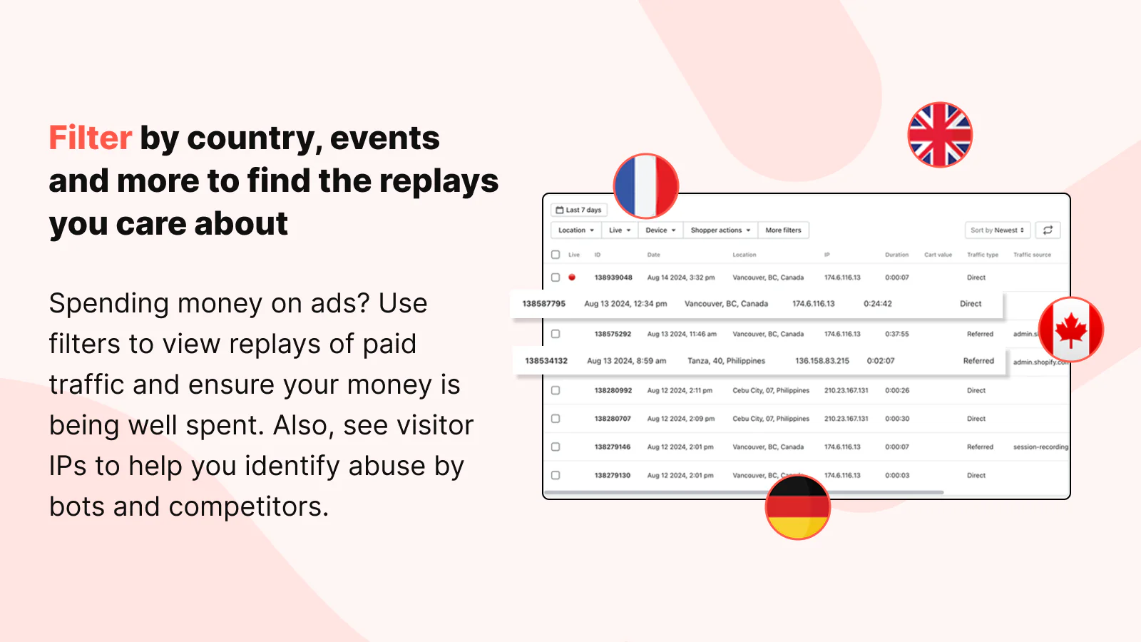 Filter replays by country, traffic type, cart value & more.