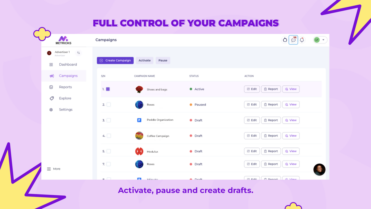 Experience full control of all your campaigns on Metricks 