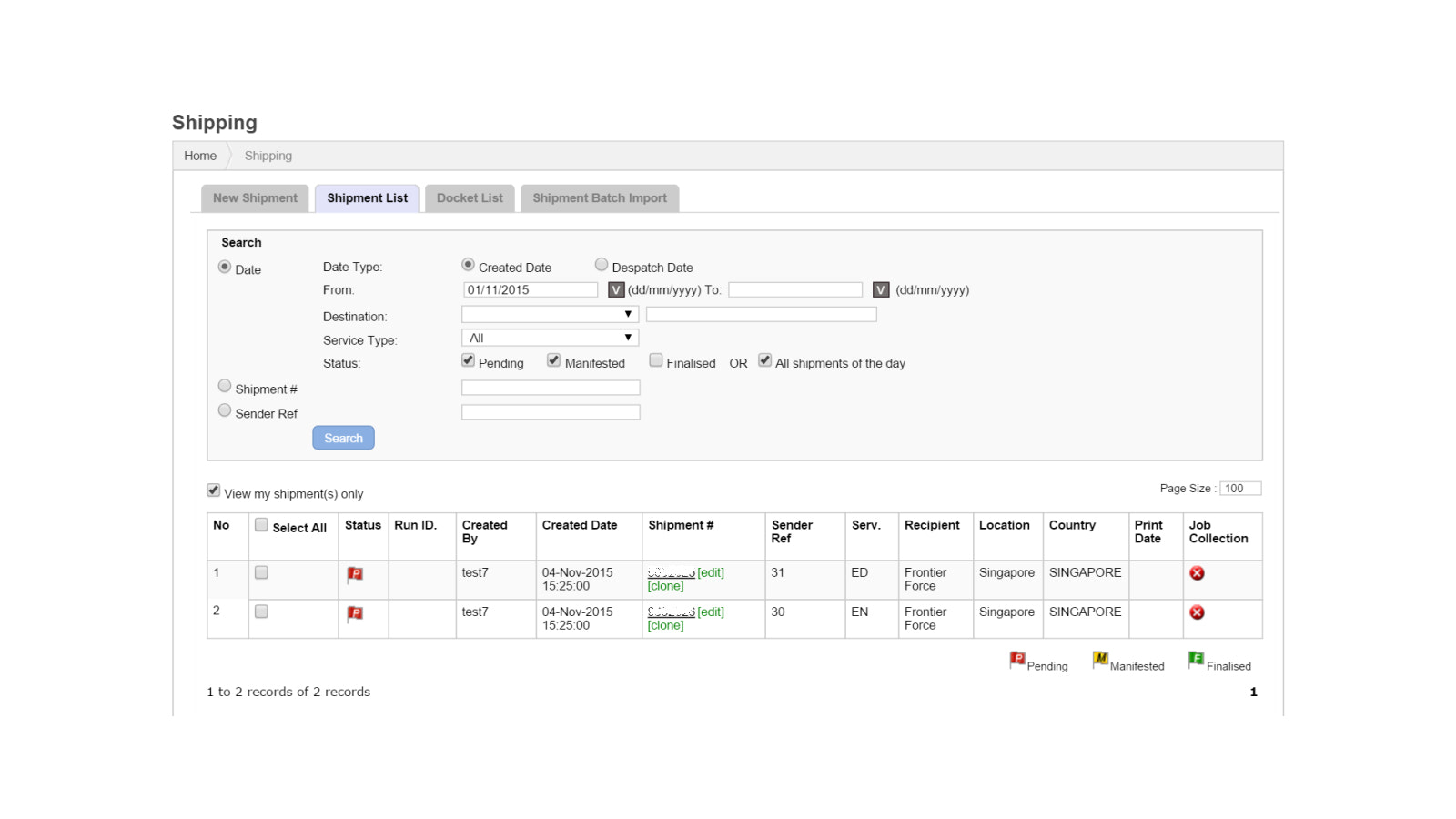 Shipment listing