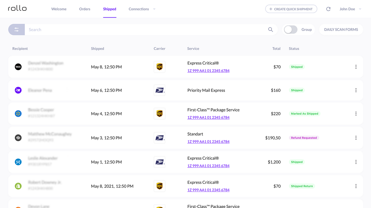 Shipments dashboard